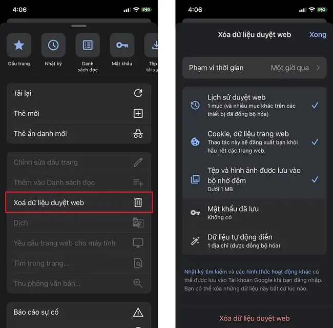 Xóa lịch sử và dữ liệu web có thể giải phóng lên đến 1GB dung lượng
